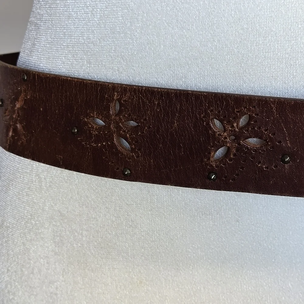 Vintage Western Boho Brown Butterfly Cut-Out Leather Studded Belt Brass Buckle